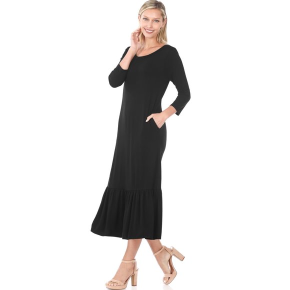Black Maxi 3/4 Sleeve Ruffle Hem - Loose fitting black maxi - Picture 2 of 5